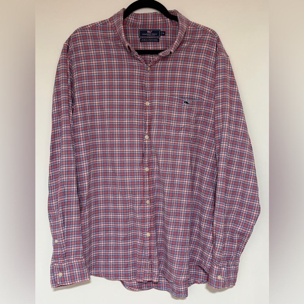 Men’s Vineyard Vines Pink Blue Slim Fit Tucker Button Front Shirt Size XL